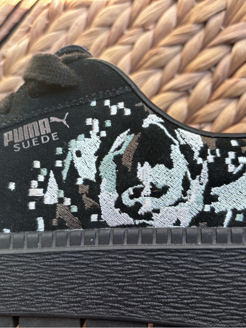Puma Black Suede Sneaker with Mint & Light Gray Embroidery Unique design